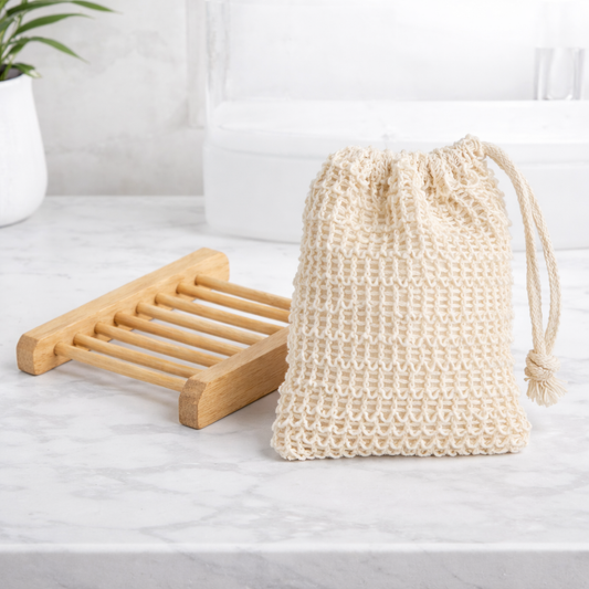 Bamboo Wood Soap Holder with exfoliating soap bag by Tiara's Crown Collection